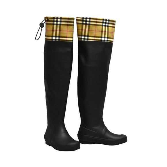 F0 NEW BURBERRY LONDON Plaid Check Drawstring Cuff Tall Rain Boots Size 35 $611 - Picture 2 of 9